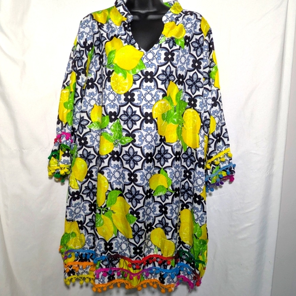 Women's SHIVA Colorful Silk Beach Cover-up/Dress, w/poms.  One‎ size.
